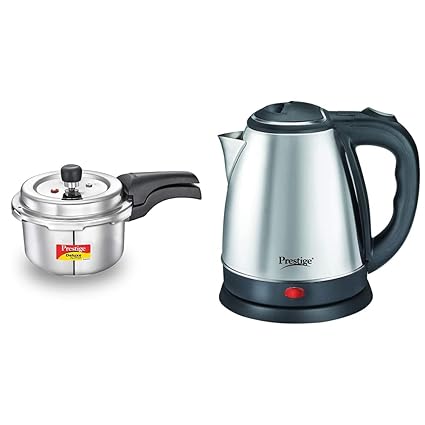 Prestige Svachh Deluxe Alpha 2.0 Litre Stainless Steel Pressure Cooker + Prestige Electric Kettle PKOSS - 1500watts, Steel (1.5Ltr), Black Combo