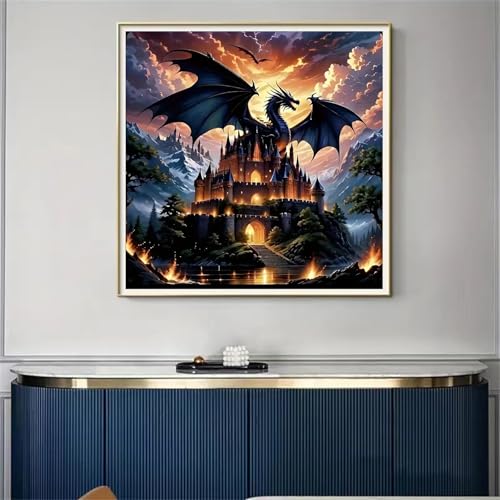 Image of Dragon Stamped Cross Stitch Kits for Beginners Adults, Castle Dimensions Needlepoint Art Crafts,Counted Cross Stitch Kits Embroidery Kits for Beginners Adults for Home Decor 13.8X13.8inch