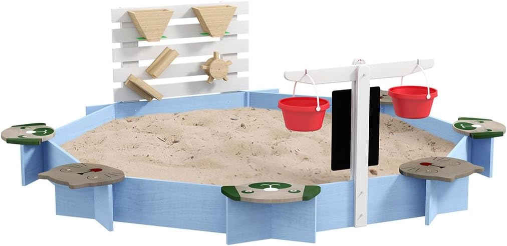 Wooden Sandbox, Large Outdoor Sand Box with 6 Animal Patterned Seats, Buckets & Blackboards, Sand Pit for Backyard Play, Fir Wood, Blue, Animals, 85" x 85" x 24.75"