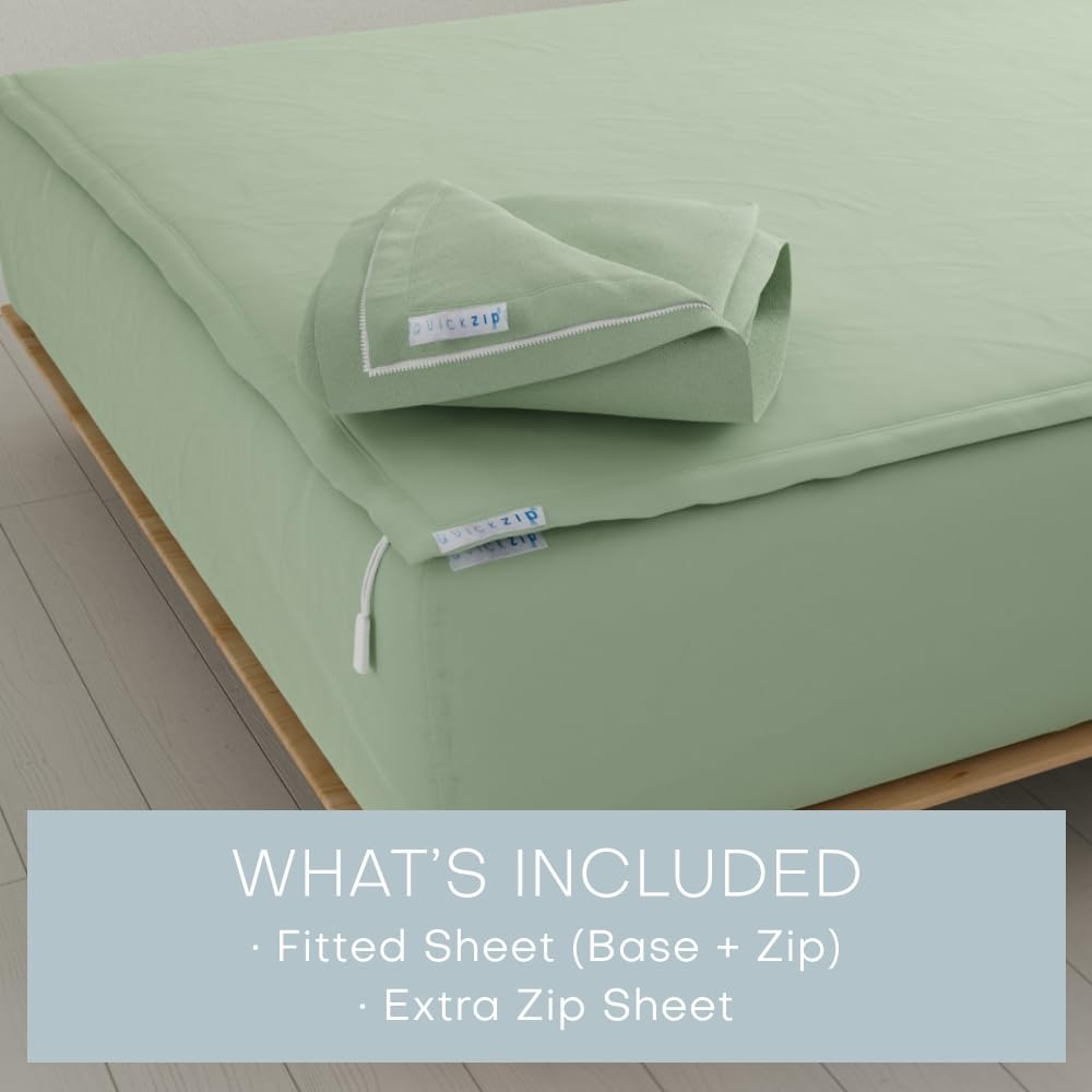 QuickZip Spannbettlaken, enthlt 1 Spannbettlaken, 2 Bettlaken mit Reiverschluss, leicht zu wechseln, kein Herausfallen fr Doppelbett, weiches Perkal, Fadenzahl 400, 38.1 cm, Twin XL, Salbei - Image 2