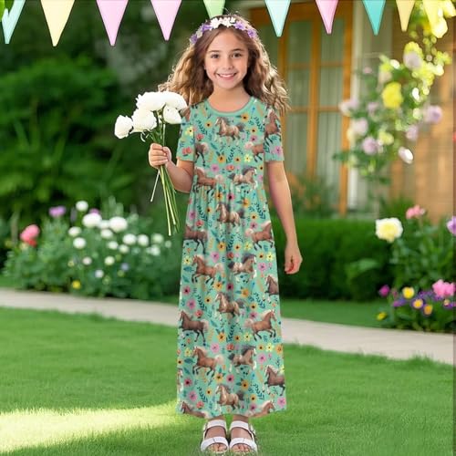Girls Maxi Dress Kids Short Sleeve Round Neck Casual Dress with Pockets Floral Print Loose Summer Long Dresses4
