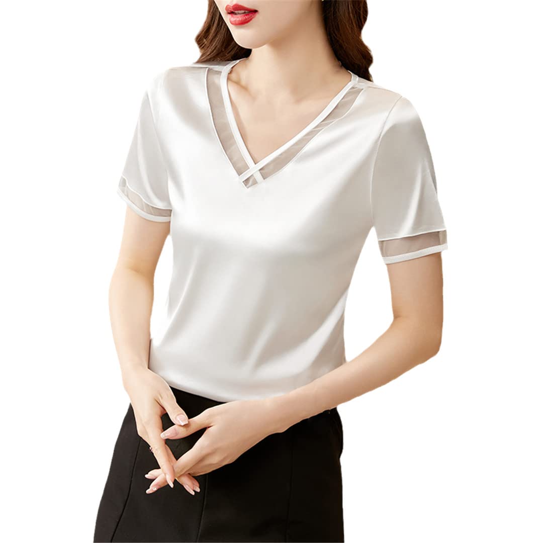 Wvapzxx Blusa elegante de verano para mujer, de manga corta, de satén, suelta, casual, de seda