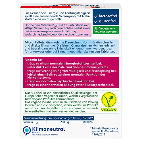 Doppelherz Vitamin B12 DIRECT – Energie und Leistungsfähigkeit für Körper und Geist – Vitamin B12 zur Verringerung von Müdigkeit und Erschöpfung – 1 x 20 Sachets