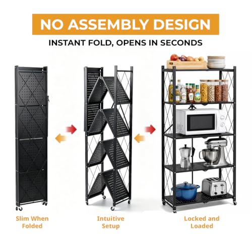 Image of COKIHOM 5 Tier Foldable Storage Shelf with Wheels, Heavy Duty Metal Rolling Shelf Rack, No Assembly Wire Shelving Unit for Kitchen, Books, Living Room, Pantry, Garage, Office, Bedroom, Black