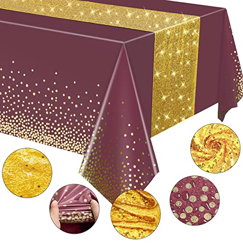 Image of Irenare 2 Pcs Maroon and Gold Tablecloth and Sequin Table Runner Set Polka Dots Confetti Table Cover Dining Plastic Tablecloths Glitter Decorations for Birthday Wedding Anniversary Party Supplies