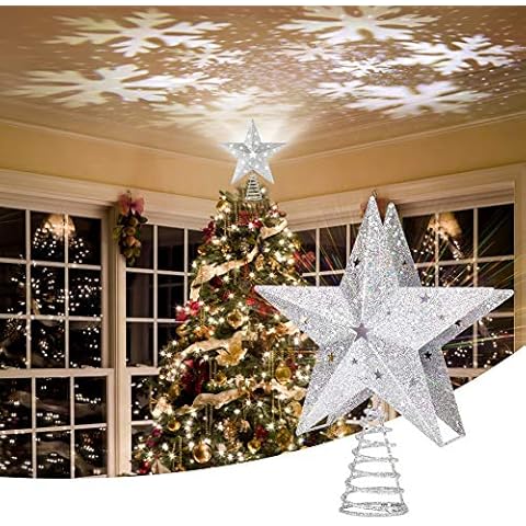 Apatner 11" Hollow Silver Star Christmas Tree Topper with Rotating Cover