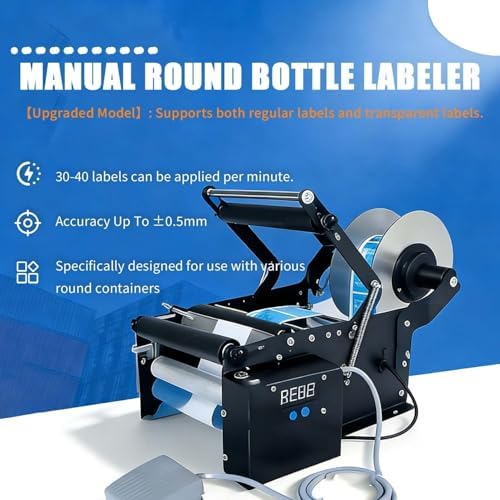 Electric Round Bottle Label Applicator with Foot Pedal, High-Speed Sticker Dispenser for Plastic Bottles, 30 Labels/Min, Upgrade Labeling Machine for Efficient Application, Standard