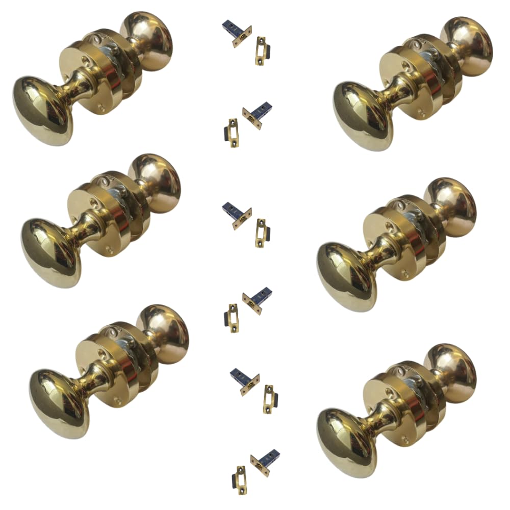 Victorian Style Brass Plated Round Door Knob Handles – Sprung Interior/Exterior Mortice Door Knobs – Multiple Set Sizes & Latch Options (6 Pairs – Sprung Mortice Knobs – with Latches)