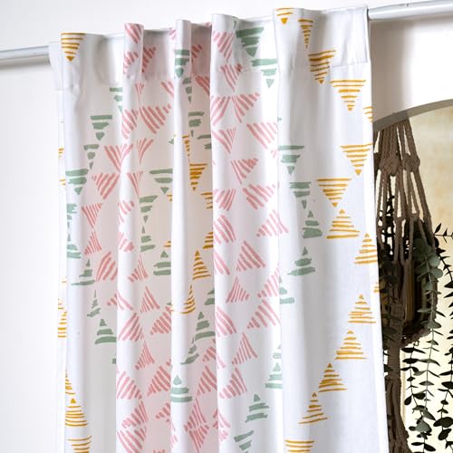 Image of Tranquebar Curtain Co. Window Curtains 5 Feet, 60-65% Room Darkening,Green-Pink Geometric Print, Cotton Curtains for Window, Cotton Curtains 5 Feet Long Set of 2,BackTab Loops,Aztec (152 cm)- Set of 2