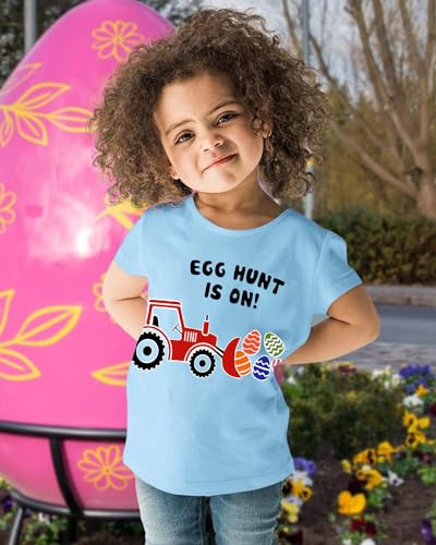 Image of Kids Easter Shirt for Boys Girls Tractor Eggs Hunt T-Shirt Toddler Short Sleeve Easter Outfits Excavator Bunny Tee Top