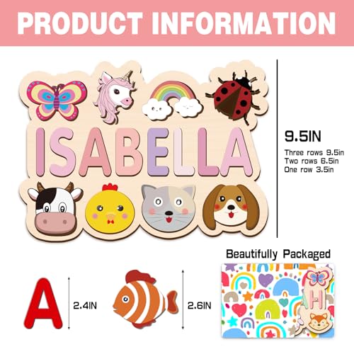Image of Name Puzzle for Kids Personalized, Custom Wooden Name Animal Puzzle, Montessori Learning Toys for Toddler 1-3, First Birthday Gifts for Girls&Boys