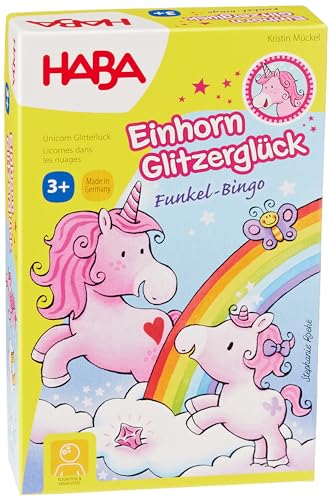 HABA 303647 - Einhorn Glitzerglück – Funkel-Bingo, Bingospiel mit Einhornmotiven und Funkelkristallen, Spiel ab 3 Jahren, Rosa