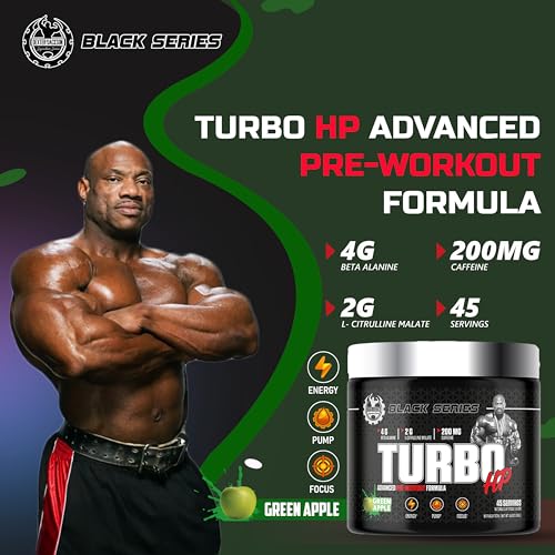 Image of DEXTER JACKSON Black Series Turbo HP Pre Workout | Flavoured, Advanced Formula | Boost Energy and Performance | 45 Servings, 450 Gram (Regular, Green Apple)