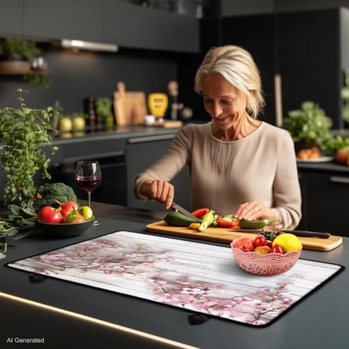 Image of Stove Top Cover Protector for Glass Ceramic Stoves Universal Induction Cooktop Mat Machine Washable Multipurpose kitchen Decor Mat, 29 x 21 Inch, Peach Blossom White Wood Grain