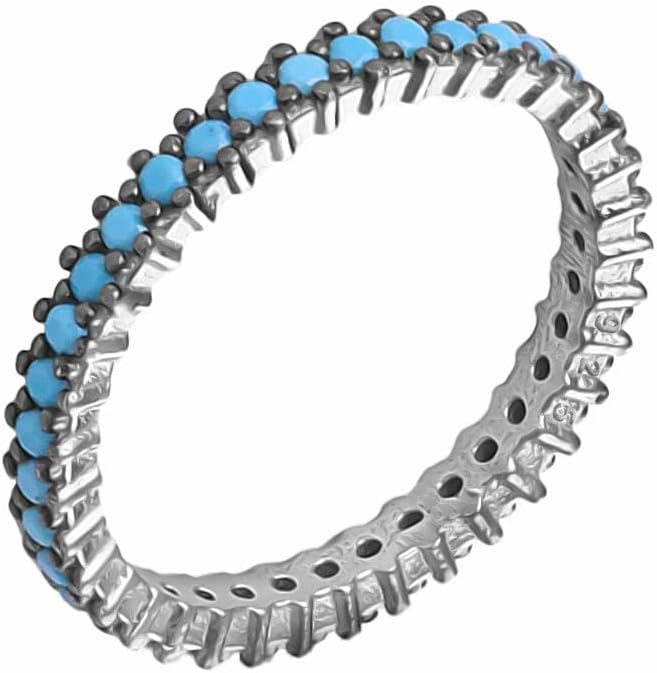 Solid Genuine 925 Sterling Silver Blue Turquoise Eternity Stacking Ring for Women