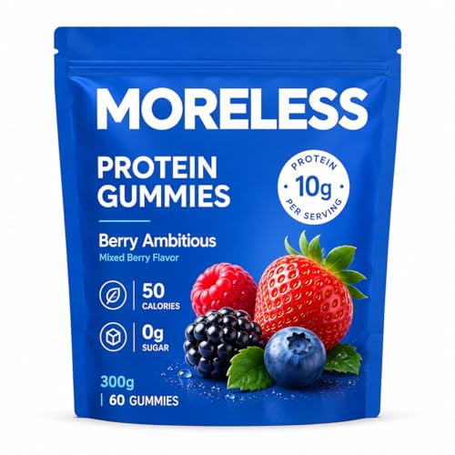MORELESS Protein Gummies 10g Protein per Serving Sugar Free Protein Snack 0g Sugar 50 Calories Whey & Collagen Blend Fruity Soft Gummies Gluten Free 30 Servings (60 Gummies) (1)