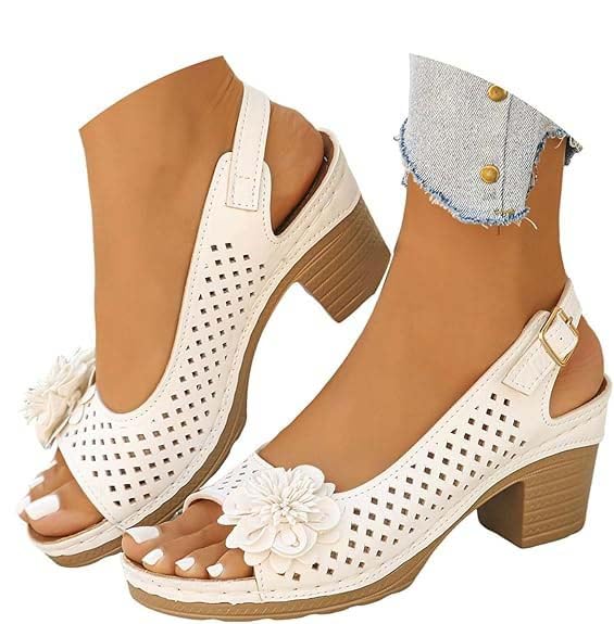 Sandalias de tacón cuadrado con hebillas para mujer, Peep Toe recorte sandalias de tacón grueso bajo Slingback Peep Toe vestido sandalia zapatos de cuña (Blanco,38)