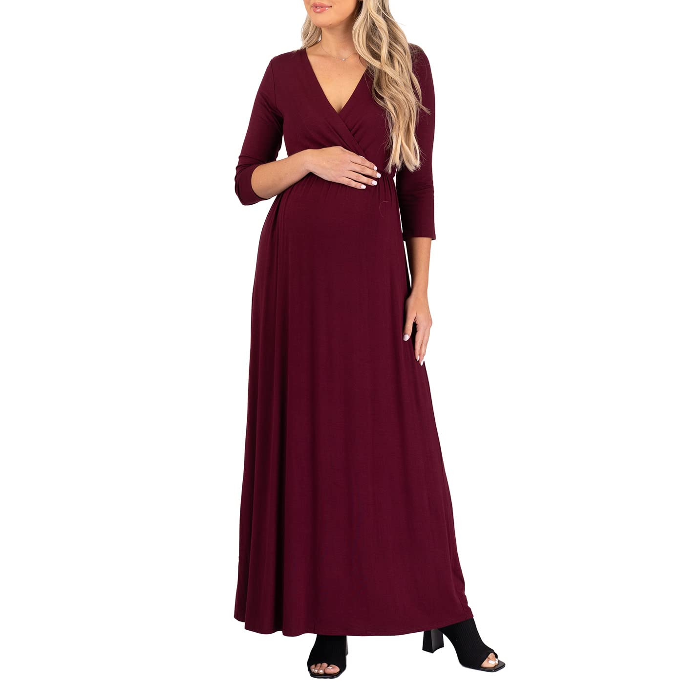 Mother Bee Maternity V-Neck 3/4 Sleeve Ruched Waist Dress