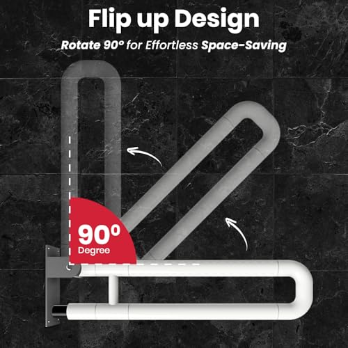 Image of AGEasy (Max Group) Stainless Steel Flip-Up Grab Bar | 17 Inch Bathroom Handle for Seniors with Anti-Slip Nylon Grip | Space-Saving Safety Bar for Shower, Toilet & Bedside