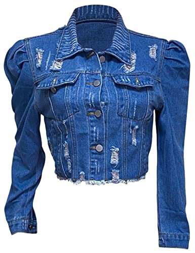 AMEBELLE Jean Jacket for Women Long Puff Sleeve Distressed Crop Denim Jackets Top3