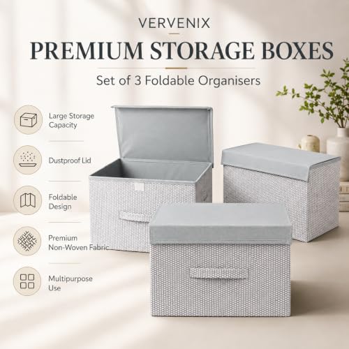 Image of VERVENIX Pack of 3 Storage Box Organiser Large Size | Premium Fabric Bins for Wardrobe, Clothes, Toys & Home Essentials | Collapsible Space Saving Storage Basket in White & Grey