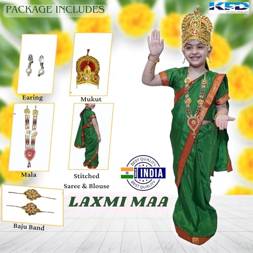 Image of Kaku Fancy Dresses Devi Laxmi Green Saree for Girls | Ready to Wear Saree | Mythological Godess Costume with Accessories - 3-4 Years
