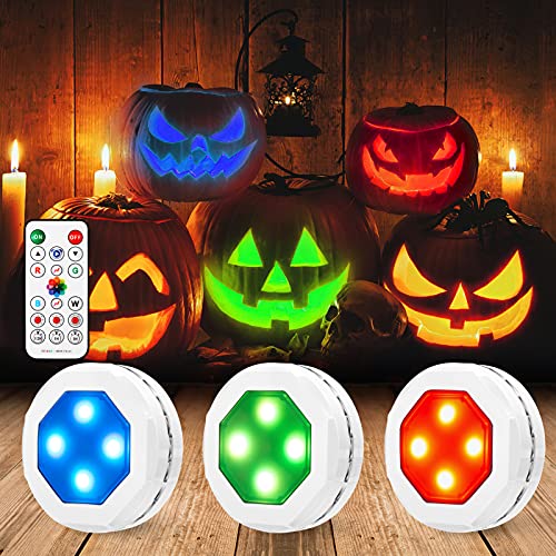 Litake Halloween Jack-O-Lantern Lights, Dimmable Timer RGB Color Changing Pumpkin Lights with Remote Control AA Battery Operated Push Touch, Stick on Pumpkin Lighting for Halloween Decoration 3 Pack