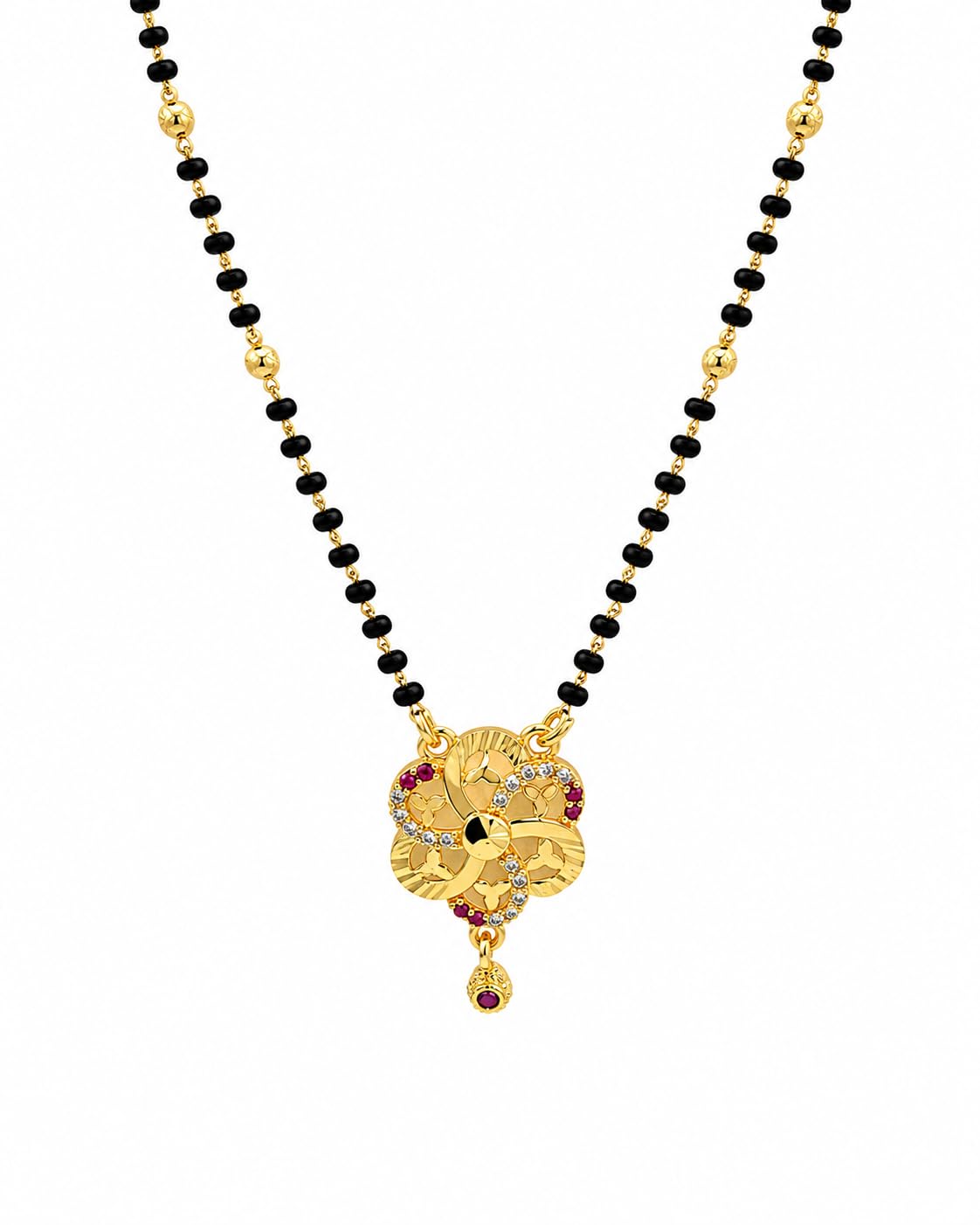 Floral Design Mangalsutra Necklace with CZ & Ruby Tone Stones | Premium Brass Alloy | Black Bead Chain | Gold Tone | Women-image-48
