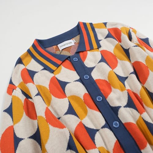 OXKNIT Men's Retro Knit Polo Shirts Button Down Long Sleeve Casual Jacquard Blue Cardigan Sweater3