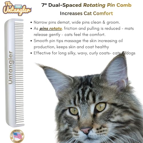 Image of Cat Comb - 7 inch Dual-Spaced with Silky Smooth Rotating Teeth (White Sheen), Stainless Steel, for Cat Hair and Fur