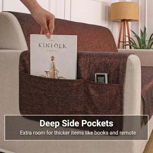 Image of STITCHNEST 'ComfyNest Series' 1 Seater Sofa Cover | Full Coverage with Armrest Pocket | Elegant Jute Fabric, Washable & Durable for Modern Living
