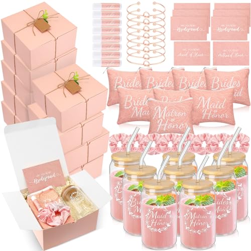 FillTouch 72 Pcs Bridesmaid Proposal Gifts, Will You Be My Bridesmaid, Bride Maid and Matron of Honor Gifts Include Gift Box Glass Cup Makeup Bag Cards Lip Balm Hair Scrunchie Bracelet(Pink)