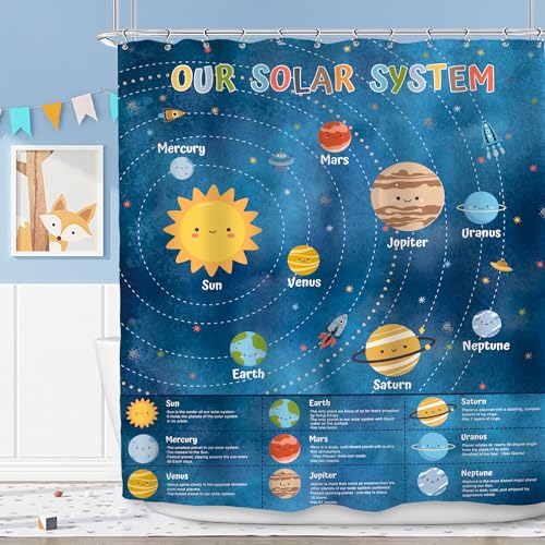 Imirell Solar System Kids Shower Curtain 60Wx72H Inches Space Galaxy Cartoon Planets Educational Learning Tool Universe Knowledge Nursery Fabric Waterproof Polyester with 12 Pack Hooks Plastic