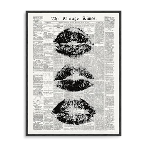 Dazzlewall Art Mural de Journal Vintage, Impressions sur Toile de Mode Moderne d'Empreinte de Lèvres Noir et Blanc pour Chambre de Jeune Fille et Salon 12x16 pouces...