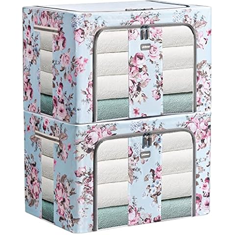 2 Pack 100L Clothes Storage Bins - Foldable Metal Frame Storage Box - Stackable Oxford Fabric Container Organizer Set with Carrying Handles and Clear Window (Blue floral) Cover