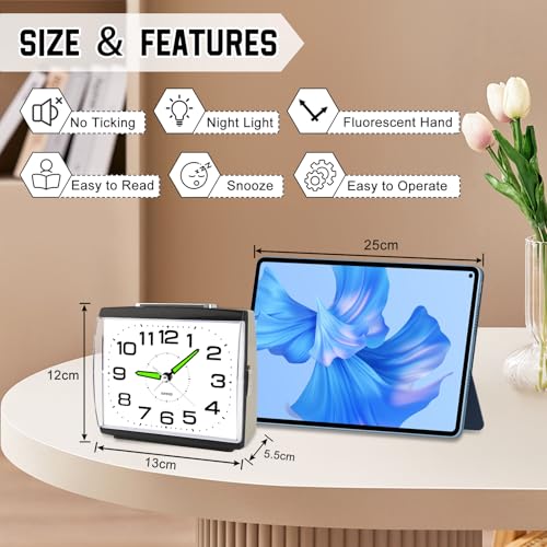 DTKID Large Alarm Clock for Bedside, Silent Non-Ticking Analog Clock with Night Light, Battery Powered, Gradually Increasing Alarm for Heavy Sleepers, Seniors - Image 2