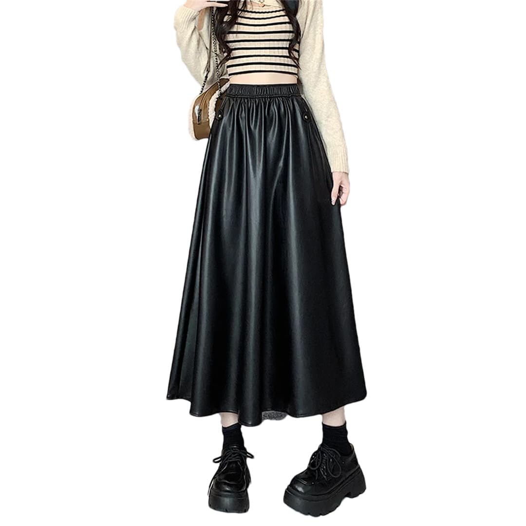 Wjnvfioo Faldas largas de cuero sintético de una línea de moda para mujer, otoño, invierno, cintura alta, elástica, acampanada, plisada, casual, faldas