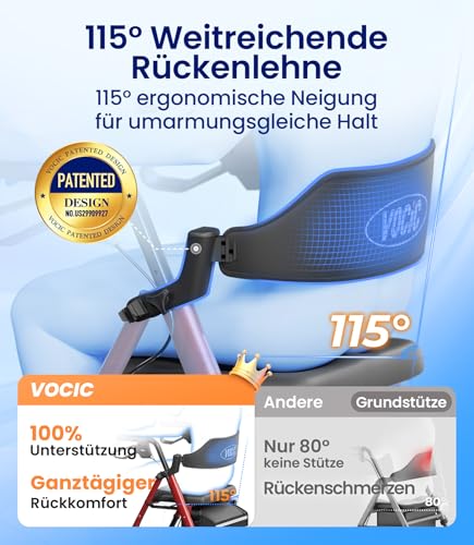 VOCIC Rollator Faltbar und Leicht mit Sit,Rollatoren Schmal für Wohnung,Rollatoren für Senioren Klappbar mit 20cm Reifen für All Gelände,Sitz und Griff Höhenverstellbar,5 Jahre Support|Dunkelrot
