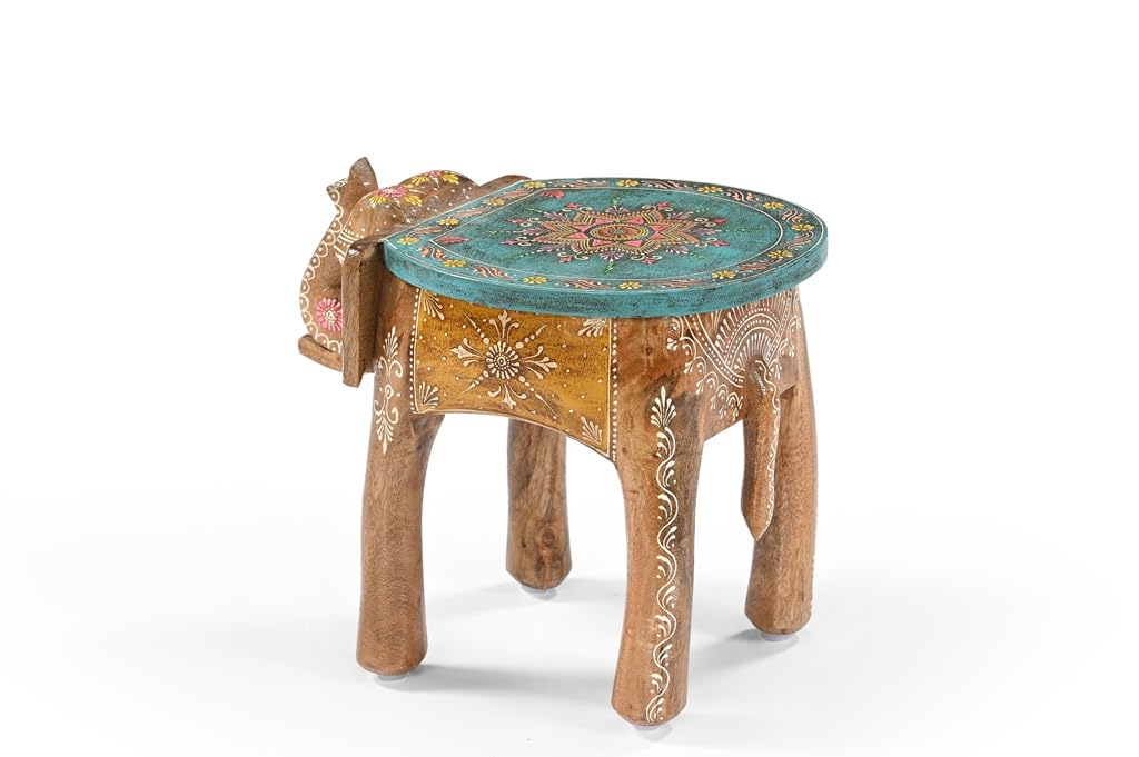 iAnanas vormontiert einsatzbereit Orientalischer Beistelltisch | Indische Deko Möbel, Massivholz, Handarbeit – Bunter Elefant Tisch im Boho & Vintage Stil (41 × 29 × 30 cm)