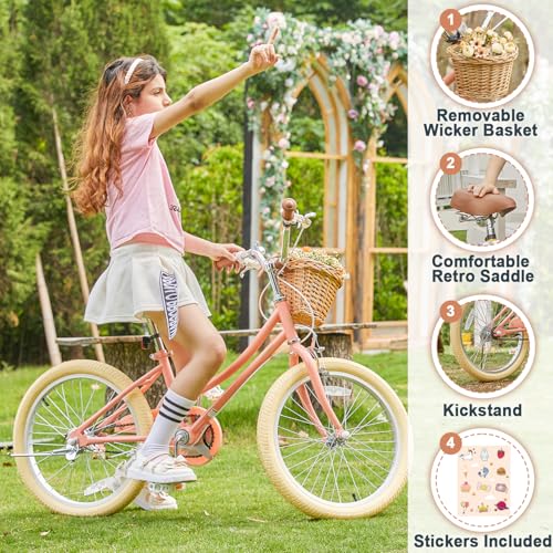 Image of Petimini Vintage Kids Bike for Girls, 12-20 Inch Classic Bicycle with Wicker Basket & Bell, High Tensile Steel Frame, Training Wheels (12-18 inch), 85% Pre-Assembled, Retro Bike for Outdoor Riding
