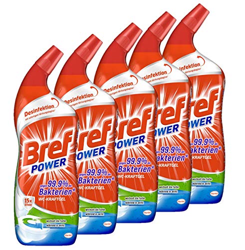 Bref Power WC KraftGel 15x Effekt gegen 99 9 Prozent der Bakterien 5er Pack (5 x 750 ml) WC Reiniger extrastark für eine kraftvolle Reinigung und Desinfektion