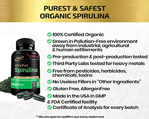 Hcl Herbal Code Labs SPIRULINA888 Organic Spirulina Powder Capsules 3000 Mg - Purest Non-Irradiated Blue Green Algae - Best Raw Vegan Protein thumb #2