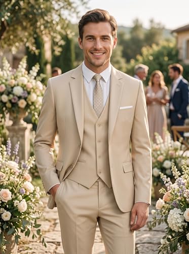 Image of WOMS Men's 3 Piece Suit Slim Fit,Mens Wedding Suit Groom Prom Tuxedo