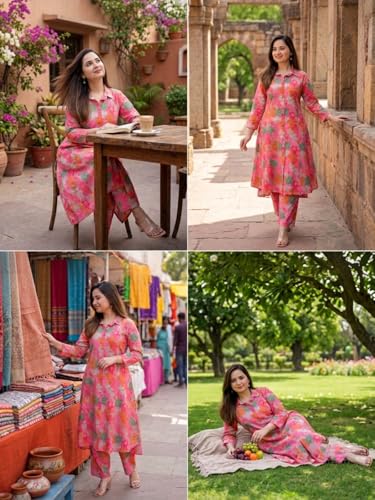 Image of Leriya Fashion Women's Cotton Printed A-Line Kurti Pant Set | Abstract Leaf & Floral Kurta with Trouser Pant | Casual Ethnic Co-ord Set for Women Stylish | Elegant Anarkali Style Tunic Kurta Set