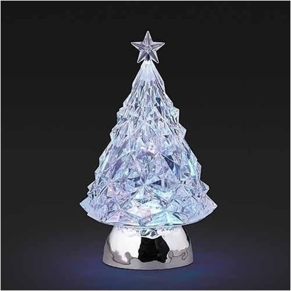 Roman LED Swirl Tricolor Christmas Tree with Star and Silver Base Figurine, 9.25-inch Height, Christmas Decoration