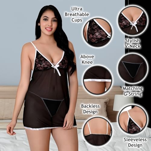 Image of Women Babydoll Set for Honeymoon Newly Married Couples First Night Dress Valentine Girls Lingerie Solid Midi Short Nighty S - 3XL