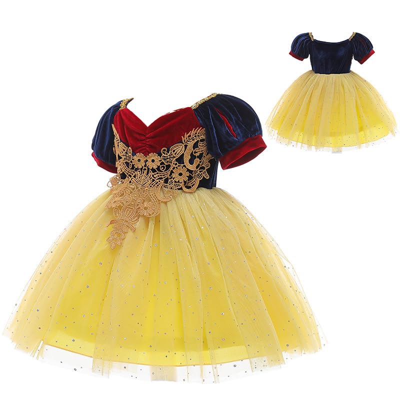 Girls Princess Dress, Girls Blue and Yellow Velvet Deluxe Lace Embroidered Ball Gown