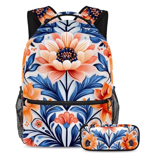 Sac à dos avec trousse à crayons pour étudiant grand sac de jour fleurs multicolores