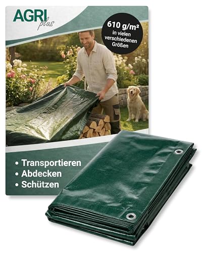 AGRI Plus Holzabdeckplane 610 g/m² I 1,5 x 10 m I wasserdichte & UV-beständige Gewebeplane I Reißfeste Abdeckplane mit Ösen & Randverstärkung I Ideal für Brennholz, Garten & BAU