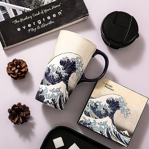 DUSVALLY Ceramic Mug Coffee Mug with Lid Porcelain Cup with Color Box,17oz.The Great Wave, Colourful, 8.89 cm x 16.51 cm - Image 2